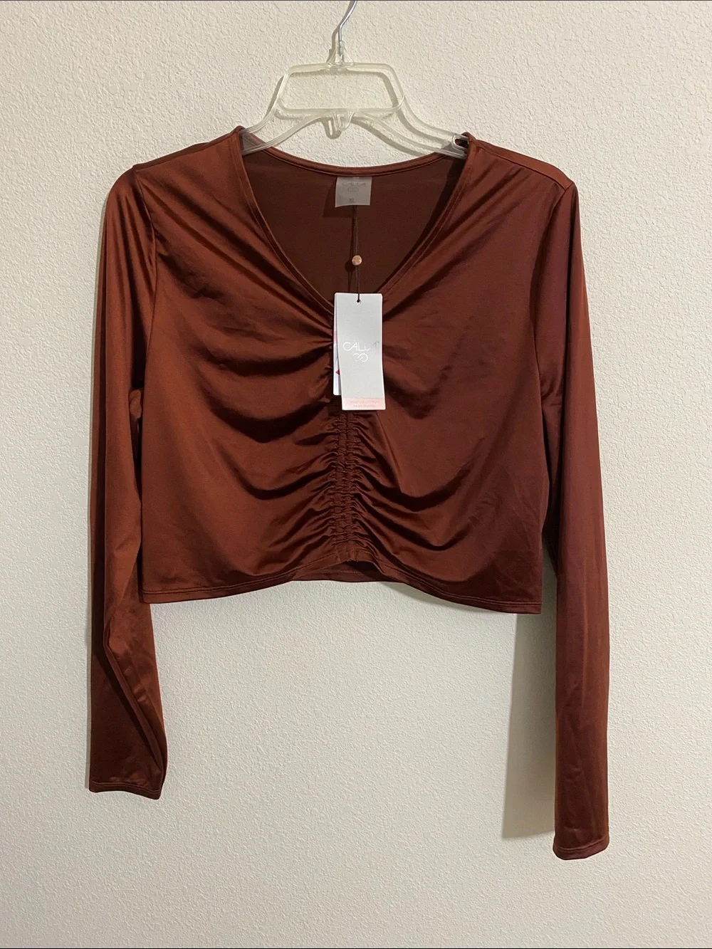 CALIA Shiny Brown Ruched Long Sleeve Rash Guard Swim Top UPF 50 Women's Size XL